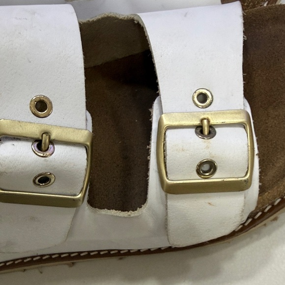 Leather White Double Buckle Sandals with Cork Sole - Picture 7 of 11